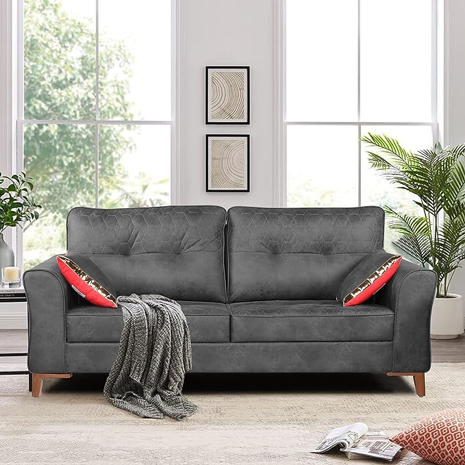 Adorn India Premium Aslaug 3 Seater Sofa (Leatherette Suede Fabric Colour Grey)