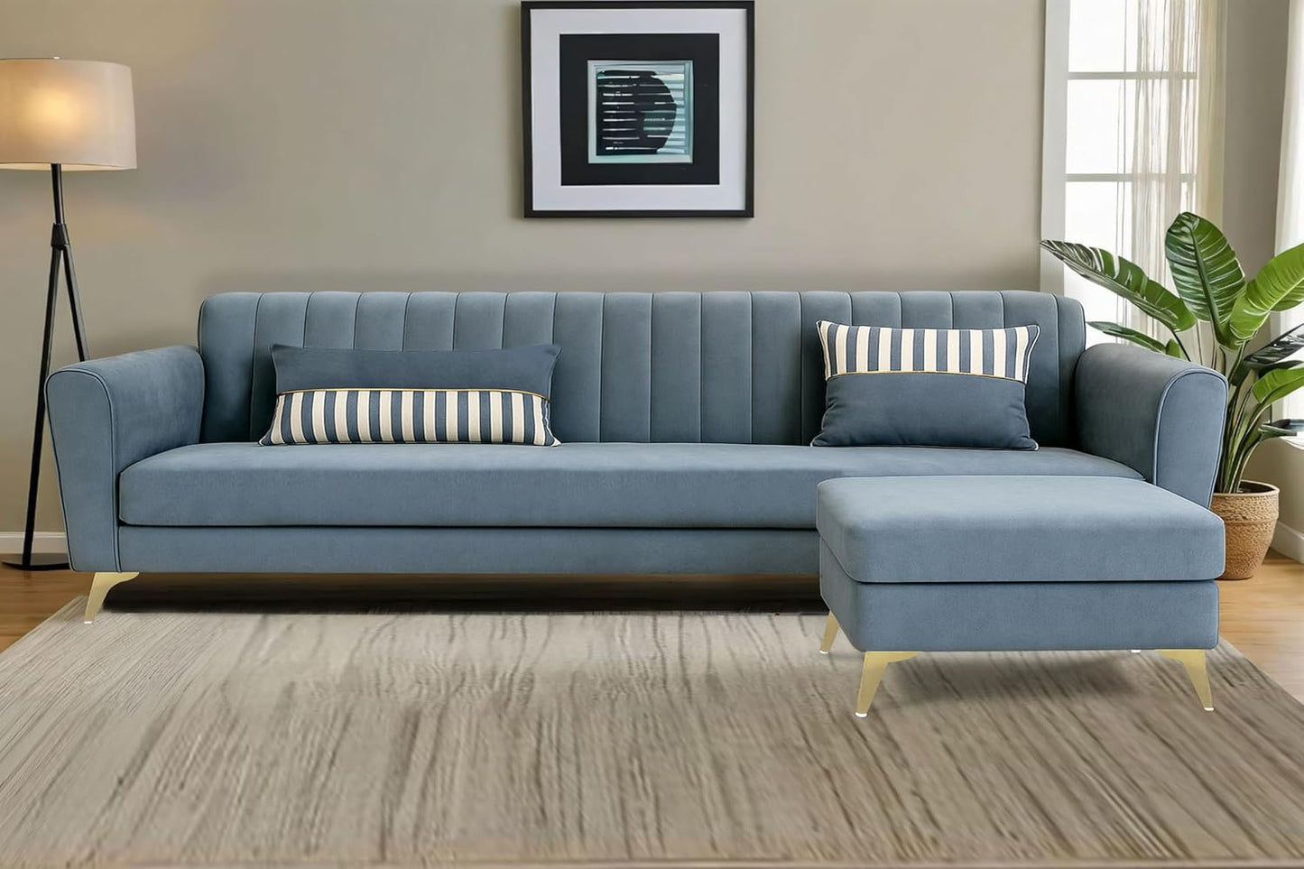 Adorn India Premium Luster 4 Seater L Shape Sofa Set | Velvet Suede Fabric | 3-Year Warranty | Color Grey with Golden Legs & Striped Pattern Cushion