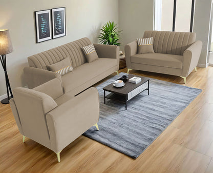 Adorn India Premium Luster 3-1-1 Sofa Set | Velvet Suede Fabric | 3-Year Warranty | Color Beige with Golden Legs & Striped Pattern Cushion
