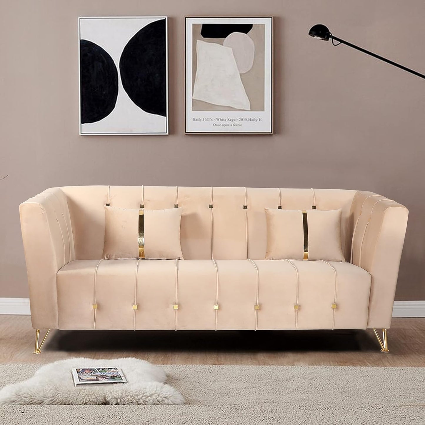Adorn India Premium Lotus 3 Seater Sofa (Velvet Fabric Colour Beige)
