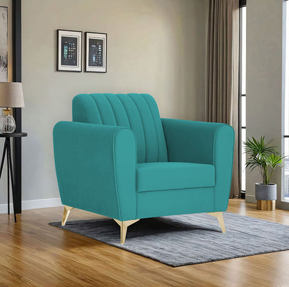 Adorn India Premium Luster 1 Seater | Velvet Suede Fabric | 3-Year Warranty | Color Aqua Blue with Golden Legs & Striped Pattern Cushion