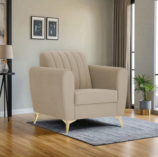Adorn India Premium Luster 1 Seater | Velvet Suede Fabric | 3-Year Warranty | Color Beige with Golden Legs & Striped Pattern Cushion