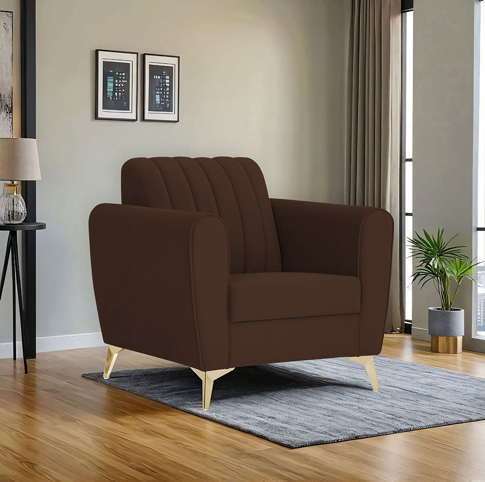Adorn India Premium Luster 1 Seater | Velvet Suede Fabric | 3-Year Warranty | Color Brown with Golden Legs & Striped Pattern Cushion