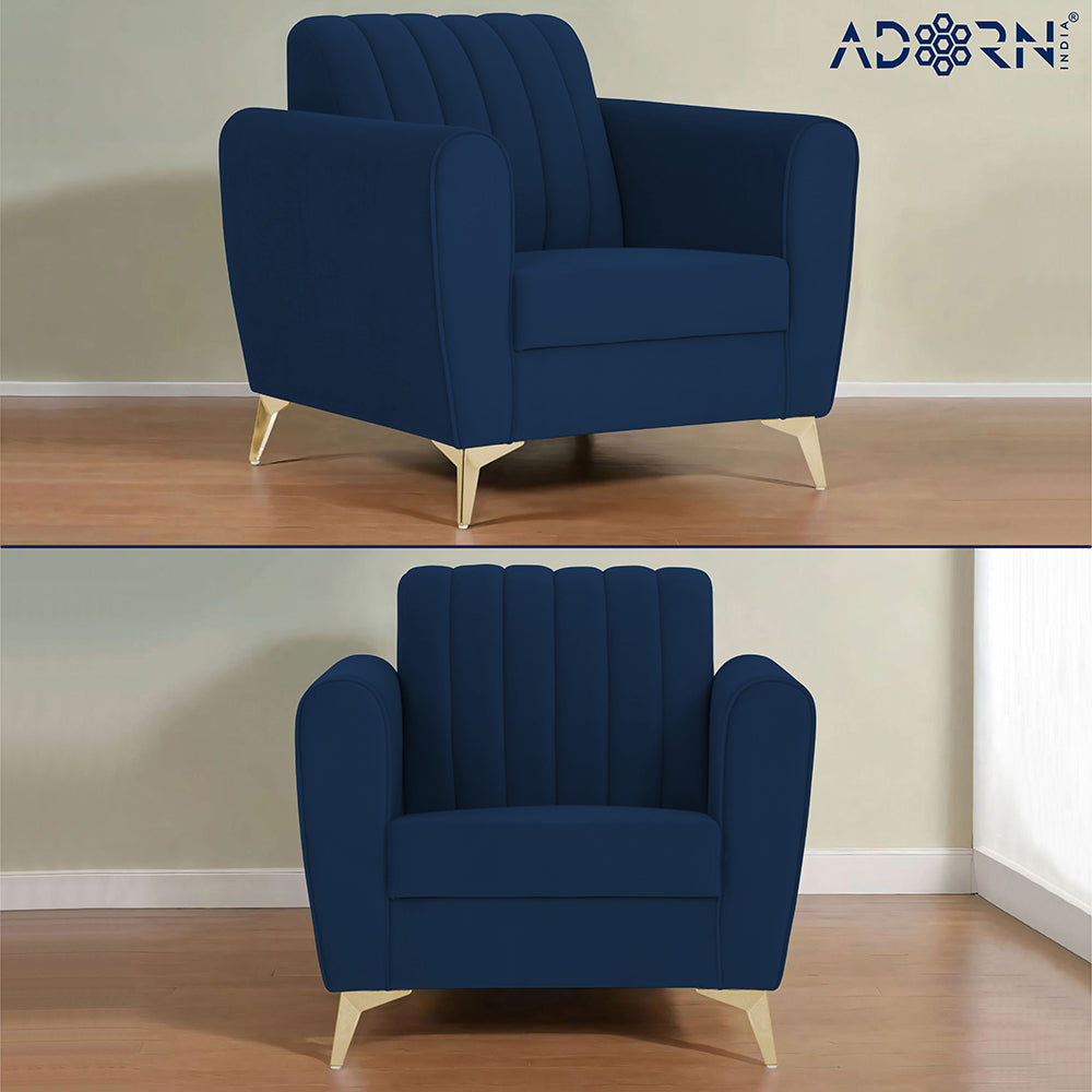 Adorn India Premium Luster 3-1-1 Sofa Set | Velvet Suede Fabric | 3-Year Warranty | Color Blue with Golden Legs & Striped Pattern Cushion
