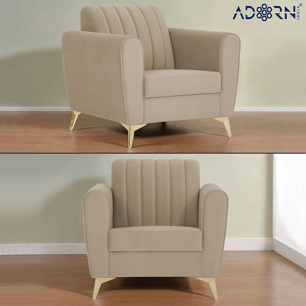 Adorn India Premium Luster 1 Seater | Velvet Suede Fabric | 3-Year Warranty | Color Beige with Golden Legs & Striped Pattern Cushion