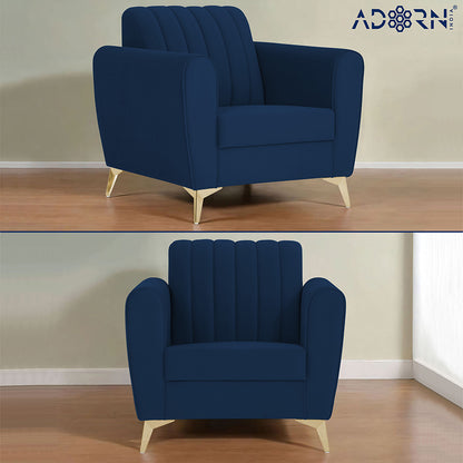 Adorn India Premium Luster 1 Seater | Velvet Suede Fabric | 3-Year Warranty | Color Blue with Golden Legs & Striped Pattern Cushion