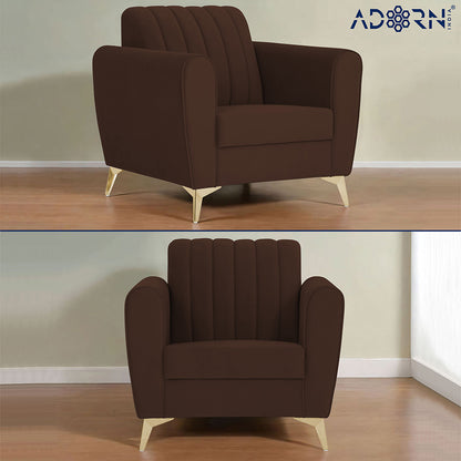 Adorn India Premium Luster 3-1-1 Sofa Set | Velvet Suede Fabric | 3-Year Warranty | Color Brown with Golden Legs & Striped Pattern Cushion