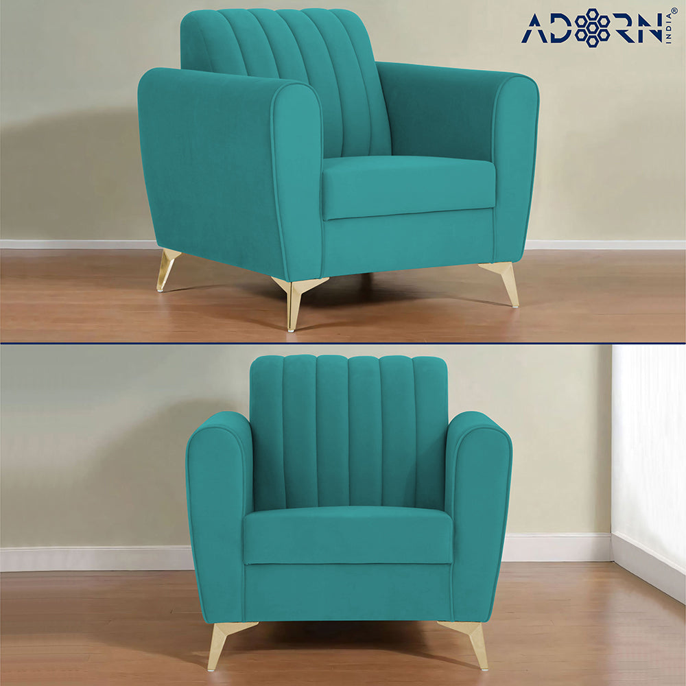Adorn India Premium Luster 3-1-1 Sofa Set | Velvet Suede Fabric | 3-Year Warranty | Color Aqua Blue with Golden Legs & Striped Pattern Cushion