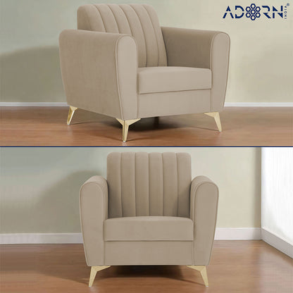 Adorn India Premium Luster 3-2-1 Sofa Set | Velvet Suede Fabric | 3-Year Warranty | Color Beige with Golden Legs & Striped Pattern Cushion