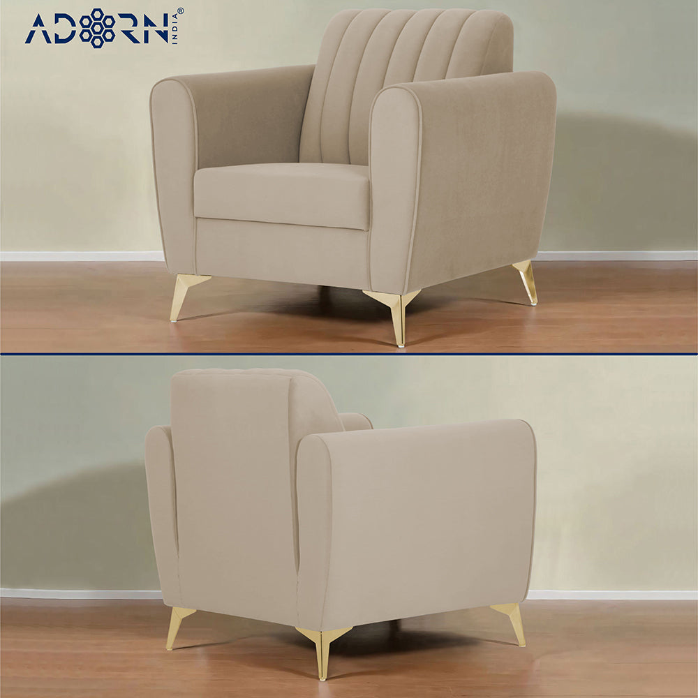 Adorn India Premium Luster 1 Seater | Velvet Suede Fabric | 3-Year Warranty | Color Beige with Golden Legs & Striped Pattern Cushion