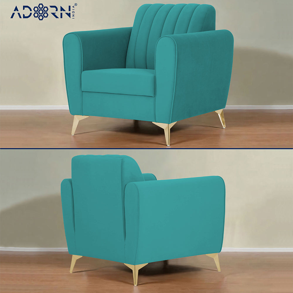 Adorn India Premium Luster 1 Seater | Velvet Suede Fabric | 3-Year Warranty | Color Aqua Blue with Golden Legs & Striped Pattern Cushion