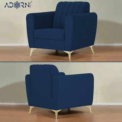 Adorn India Premium Luster 3-2-1 Sofa Set | Velvet Suede Fabric | 3-Year Warranty | Color Blue with Golden Legs & Striped Pattern Cushion