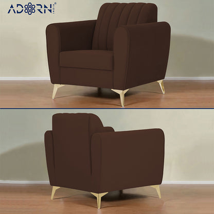 Adorn India Premium Luster 3-1-1 Sofa Set | Velvet Suede Fabric | 3-Year Warranty | Color Brown with Golden Legs & Striped Pattern Cushion