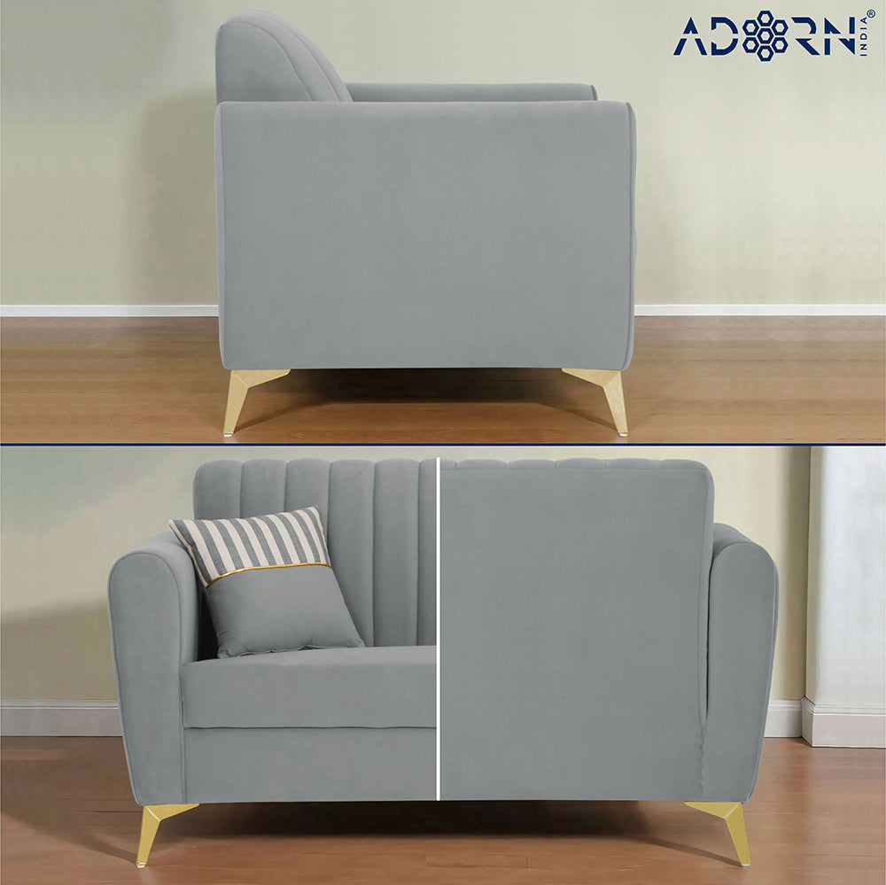 Adorn India Premium Luster 1 Seater | Velvet Suede Fabric | 3-Year Warranty | Color Grey with Golden Legs & Striped Pattern Cushion
