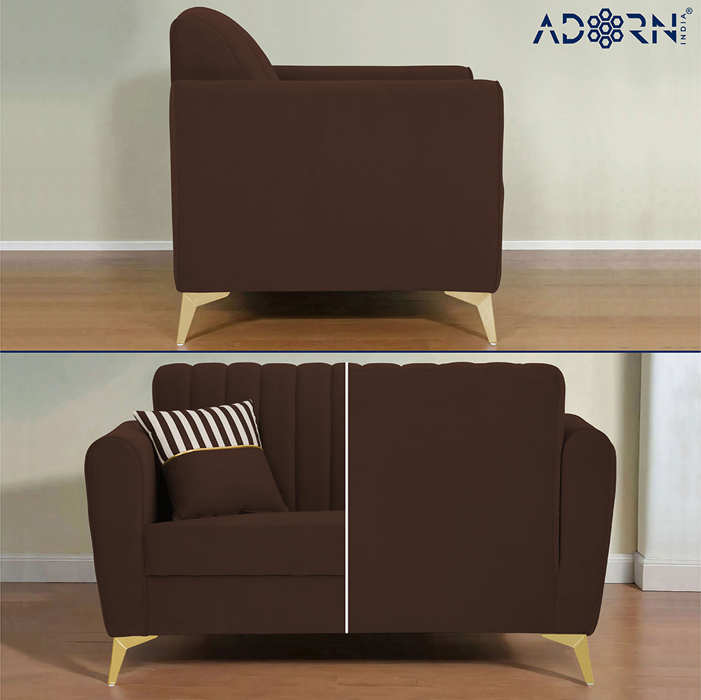 Adorn India Premium Luster 1 Seater | Velvet Suede Fabric | 3-Year Warranty | Color Brown with Golden Legs & Striped Pattern Cushion