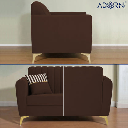 Adorn India Premium Luster 1 Seater | Velvet Suede Fabric | 3-Year Warranty | Color Brown with Golden Legs & Striped Pattern Cushion