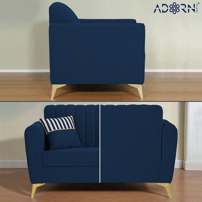 Adorn India Premium Luster 1 Seater | Velvet Suede Fabric | 3-Year Warranty | Color Blue with Golden Legs & Striped Pattern Cushion