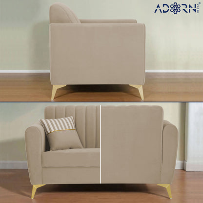Adorn India Premium Luster 1 Seater | Velvet Suede Fabric | 3-Year Warranty | Color Beige with Golden Legs & Striped Pattern Cushion