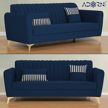 Adorn India Premium Luster 3 Seater | Velvet Suede Fabric | 3-Year Warranty | Color Blue with Golden Legs & Striped Pattern Cushion