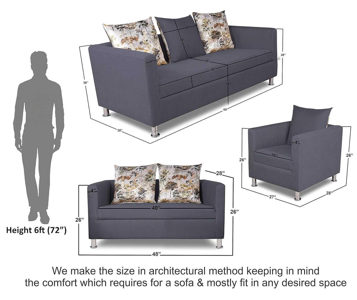 Adorn India Alita 3+2+1 Compact 6 Seater Sofa Set (Dark Grey)