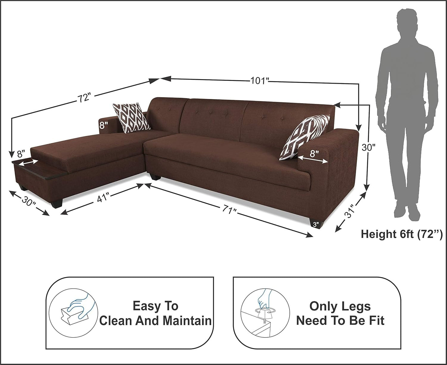 Adorn India Blazer L Shape 6 Seater Sofa Set (Left Side) (Brown)
