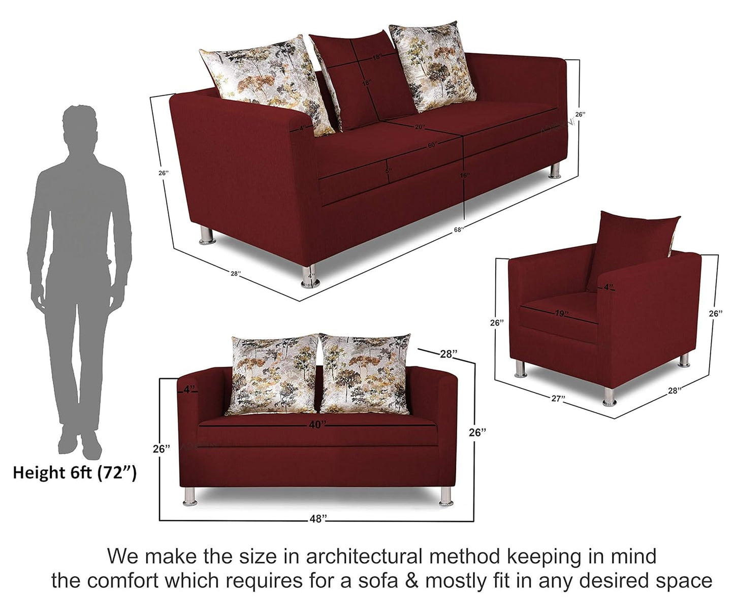 Adorn India Alita 3+2+1 Compact 6 Seater Sofa Set (Maroon)