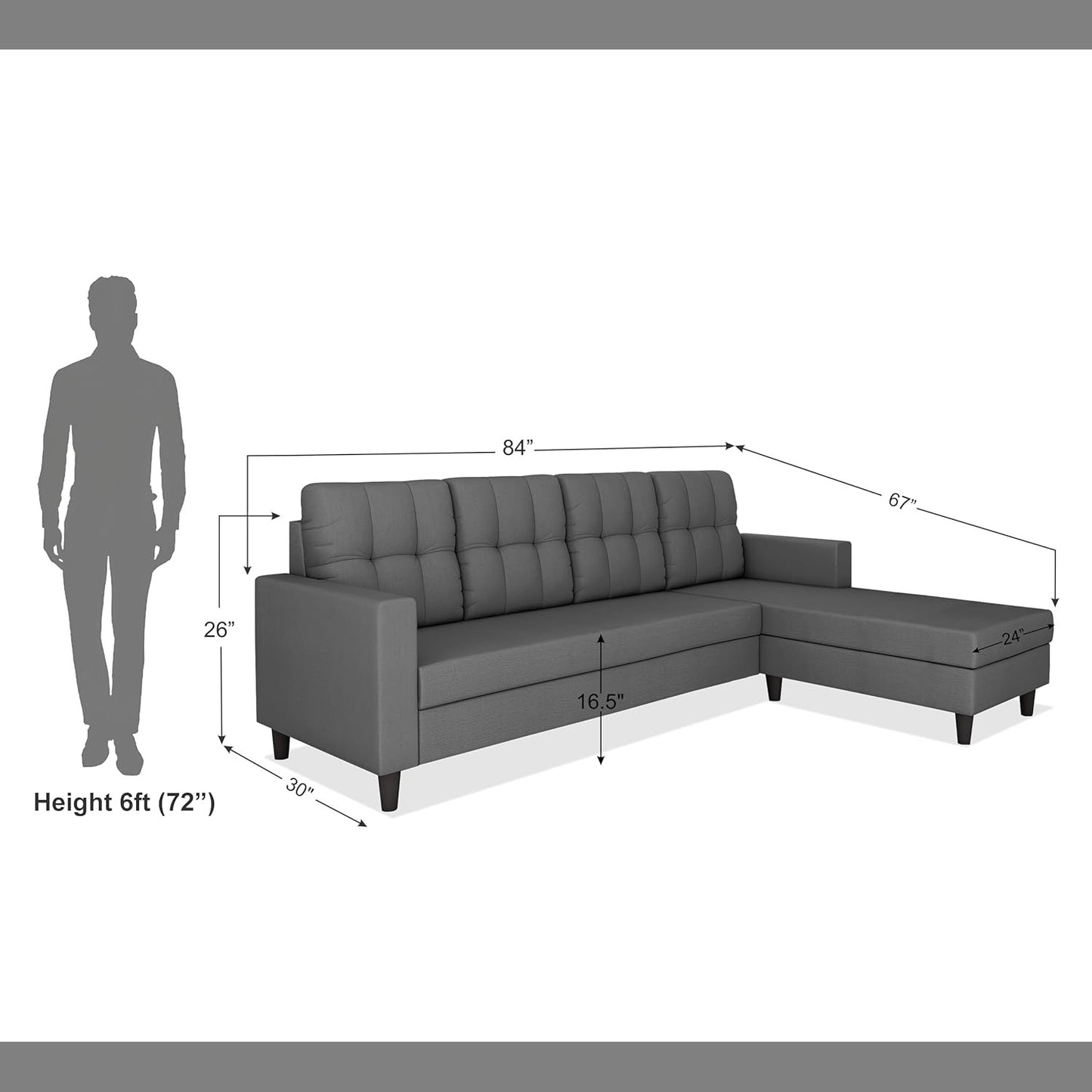 Adorn India Darcy L Shape 5 Seater Sofa Set (RHS) (Grey) (3 Year Warranty)