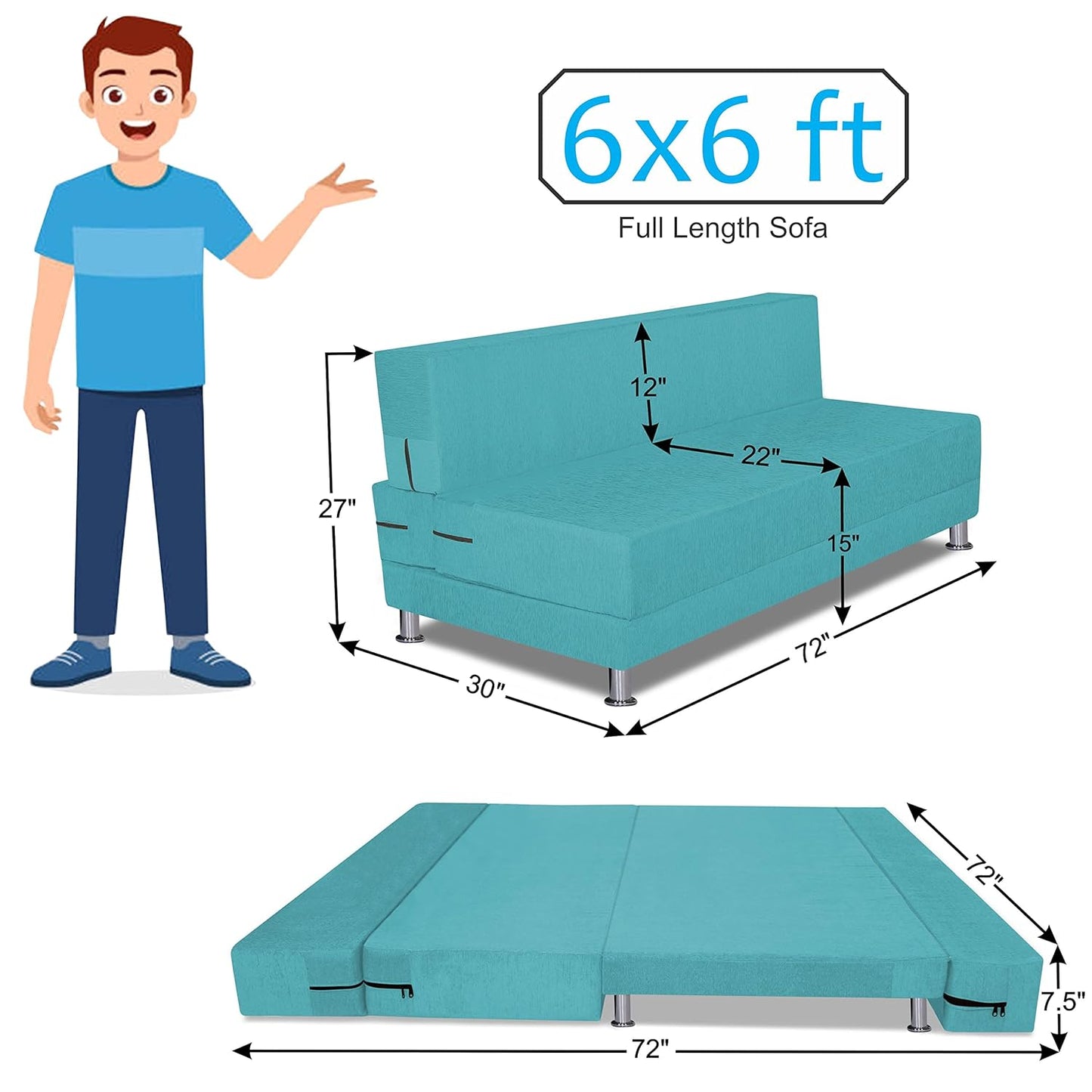 Adorn India Easy Alyn Plus Decent 4 Seater Sofa Cum Bed (6X6) (Aqua Blue) (1 Year Warranty)