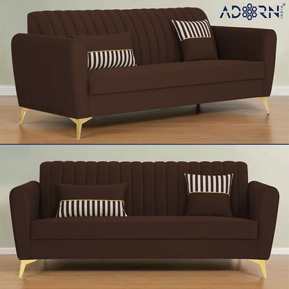 Adorn India Premium Luster 3 Seater | Velvet Suede Fabric | 3-Year Warranty | Color Brown with Golden Legs & Striped Pattern Cushion