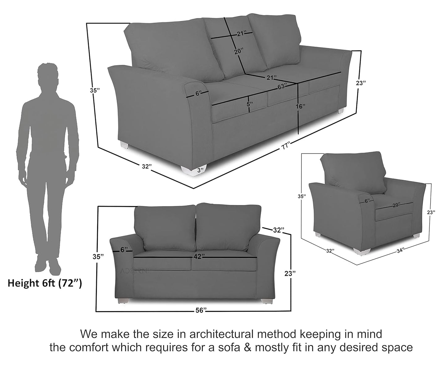 Adorn India Alexia 3+2+1 Six Seater Sofa Set (Light Grey)