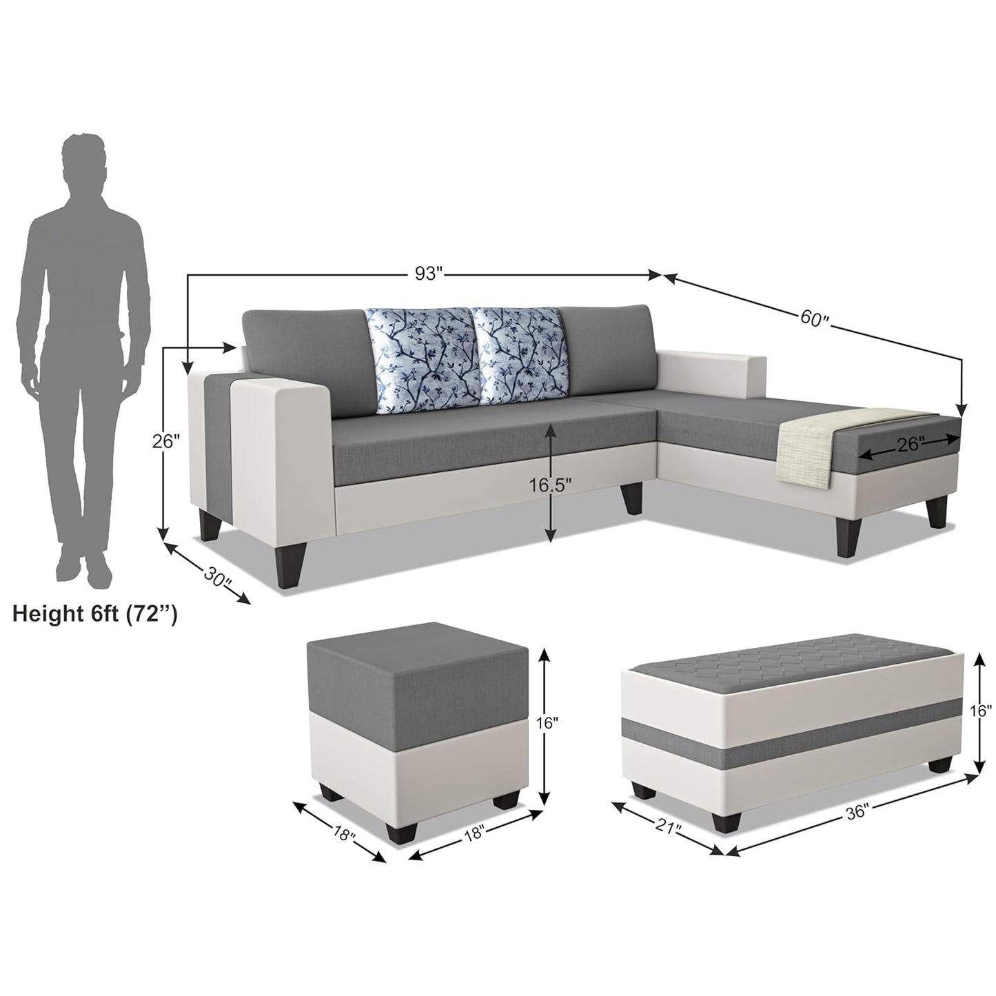 Adorn India Ashley Digitel Print Leatherette Fabric L Shape 8 Seater Sofa Set with 2 Ottoman Puffy & Center Table RHS (Grey & White) (3 Year Warranty)