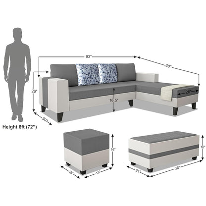 Adorn India Ashley Digitel Print Leatherette Fabric L Shape 8 Seater Sofa Set with 2 Ottoman Puffy & Center Table RHS (Grey & White) (3 Year Warranty)