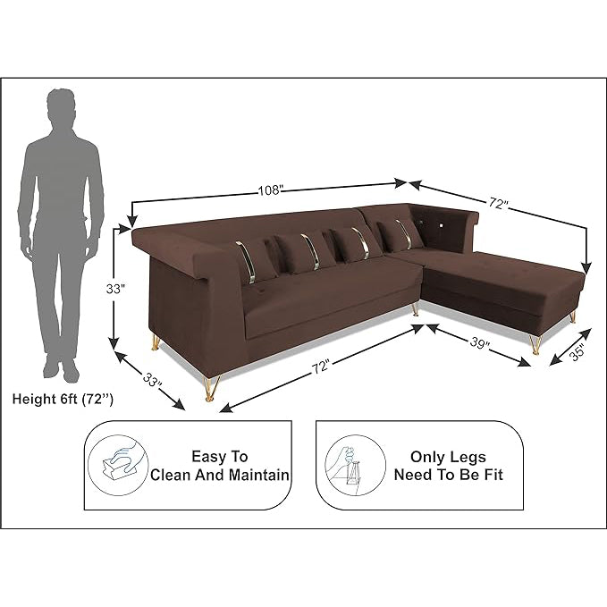 Adorn India Premium Raygan L Shape 6 Seater Sofa Set Right Side (Velvet Fabric Colour Brown)