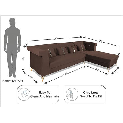 Adorn India Premium Raygan L Shape 6 Seater Sofa Set Right Side (Velvet Fabric Colour Brown)