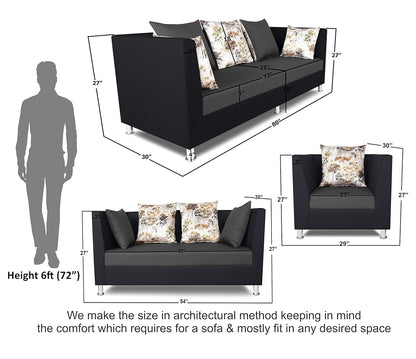 Adorn India Alica 3+2+1 Six Seater Sofa Set (Dark Grey & Black)