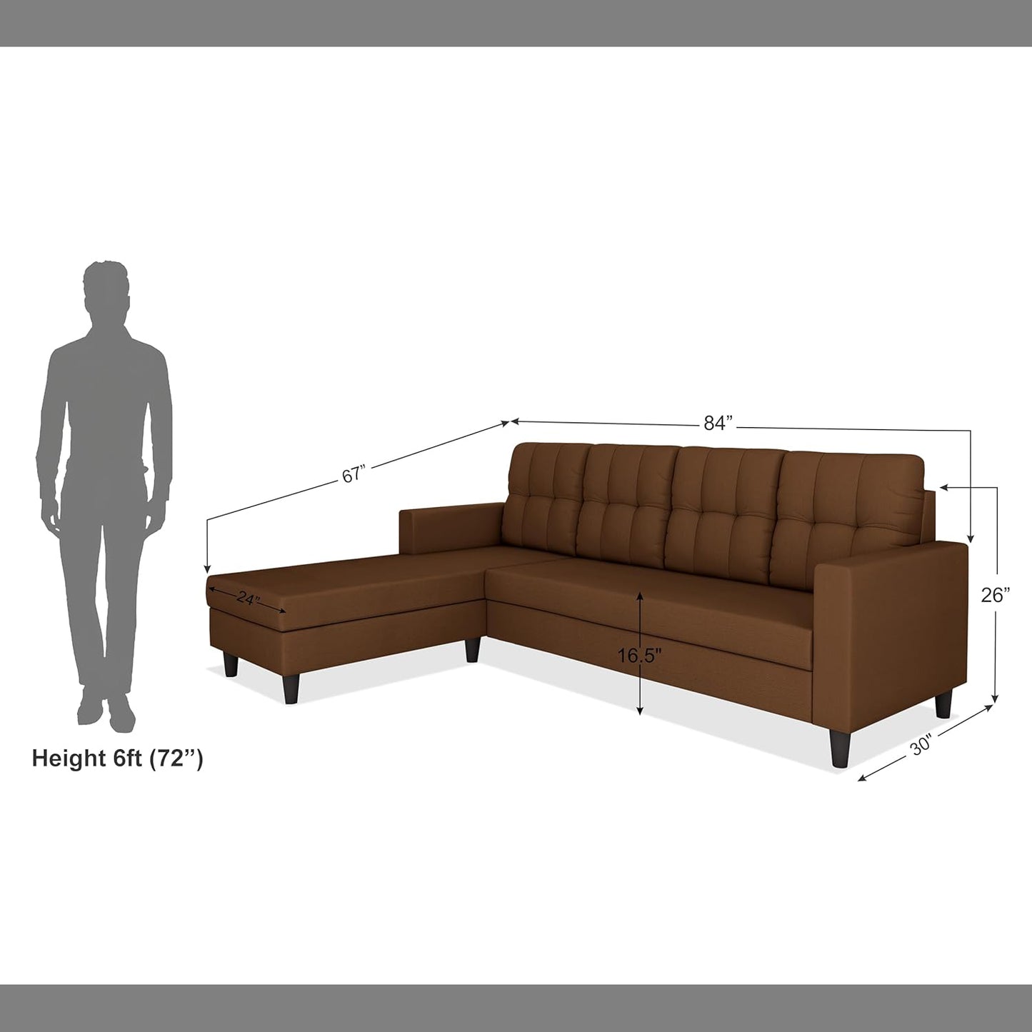 Adorn India Darcy L Shape 5 Seater Sofa Set (LHS) (Brown) (3 Year Warranty)