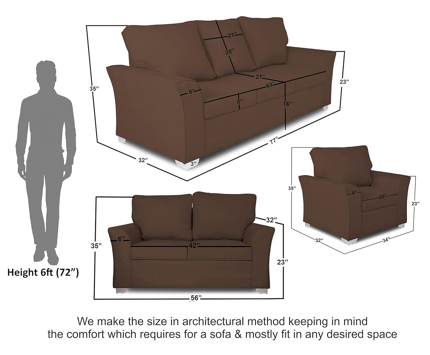 Adorn India Alexia 3+2+1 Six Seater Sofa Set (Wood & Fabric, Brown)