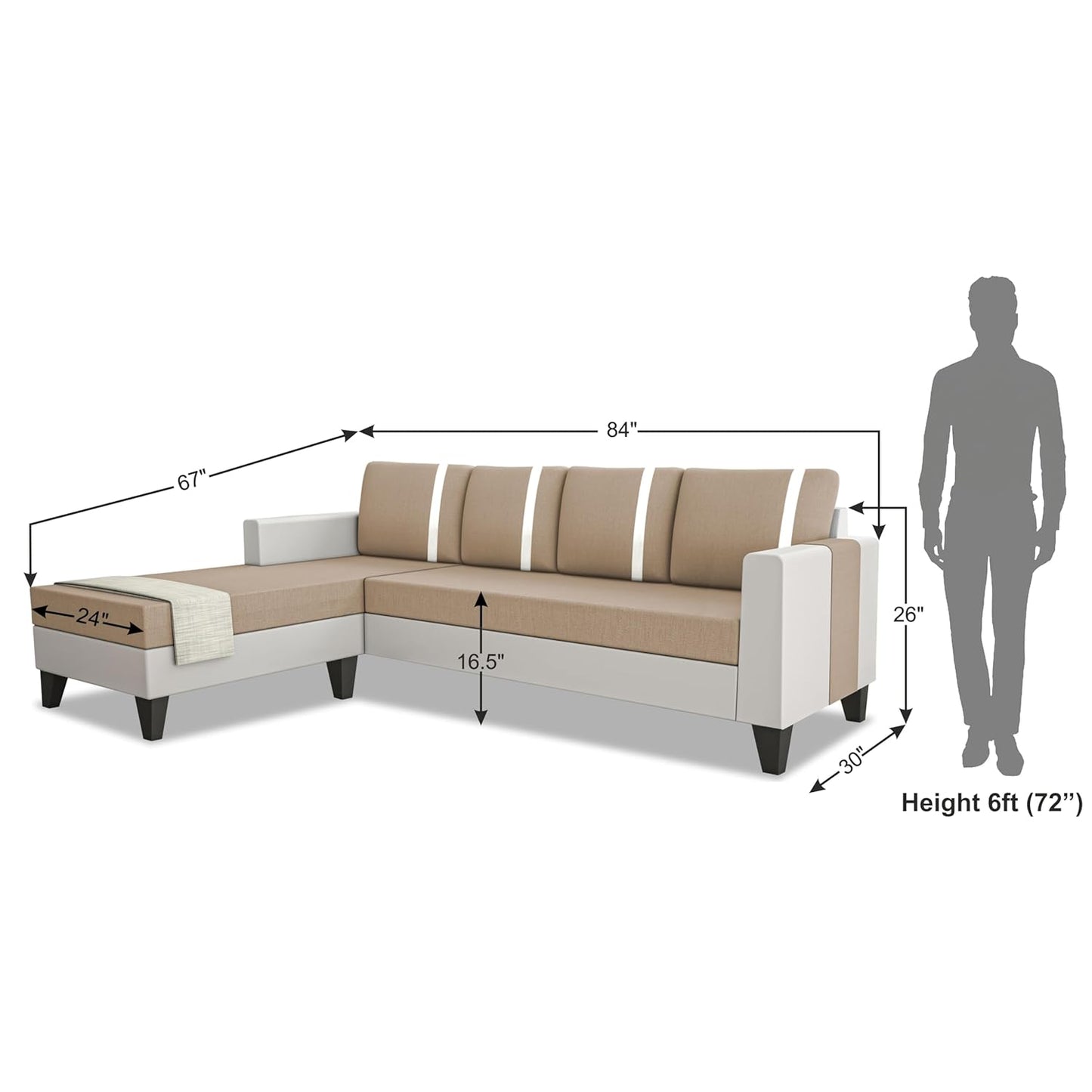 Adorn India Ashley Stripes Leatherette Fabric L Shape 5 Seater Sofa Set LHS (Beige & White) (3 Year Warranty)