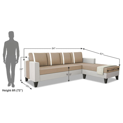 Adorn India Ashley Stripes Leatherette Fabric L Shape 5 Seater Sofa Set RHS (Beige & White) (3 Year Warranty)