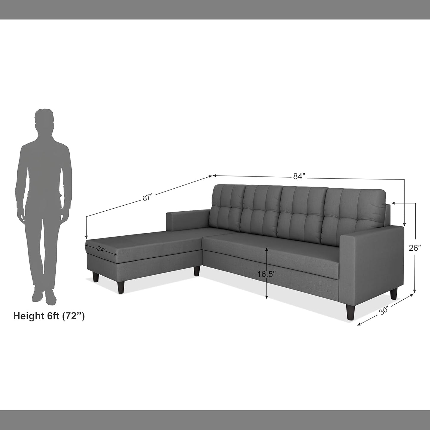 Adorn India Darcy L Shape 5 Seater Sofa Set (LHS) (Grey) (3 Year Warranty)