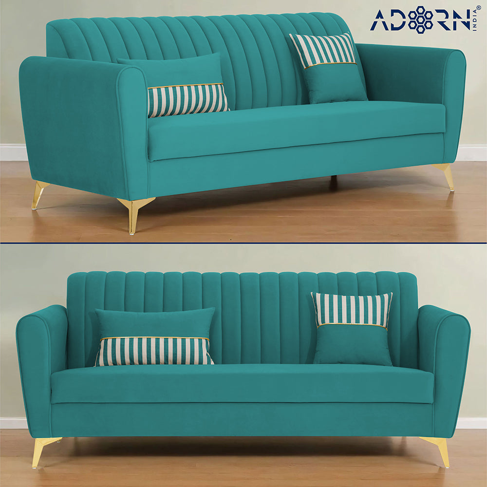 Adorn India Premium Luster 3-2-1 Sofa Set | Velvet Suede Fabric | 3-Year Warranty | Color Aqua Blue with Golden Legs & Striped Pattern Cushion