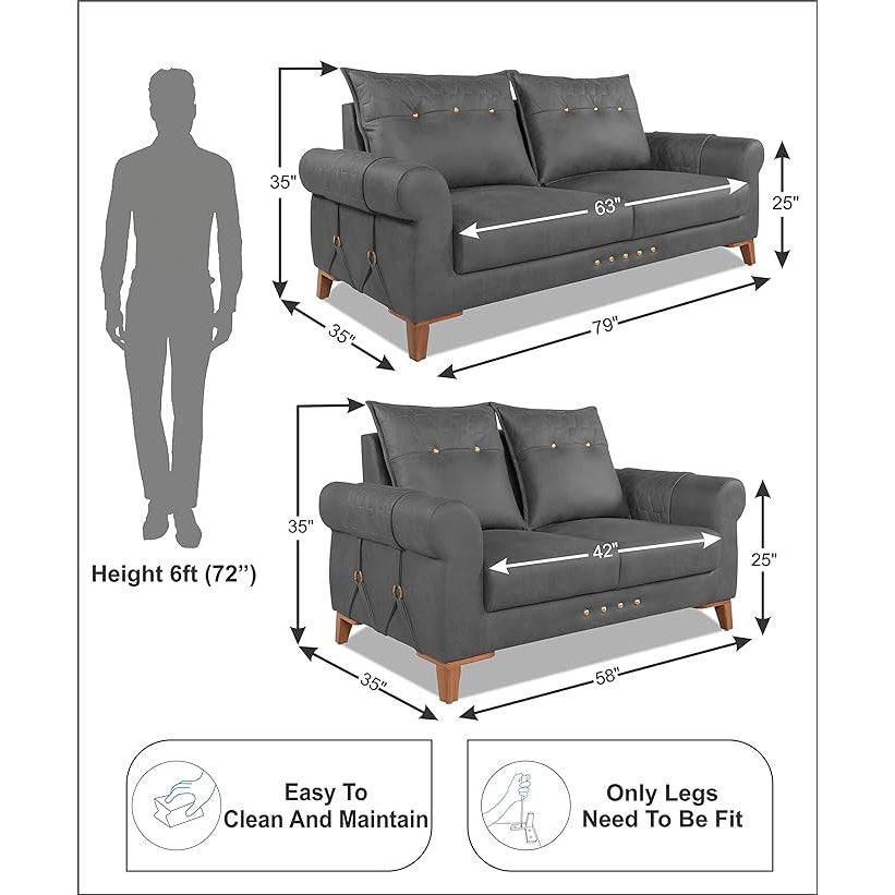 Adorn India Premium Jarvis 3+2 Five Seater Sofa Set (Leatherette Suede Fabric Colour Grey)
