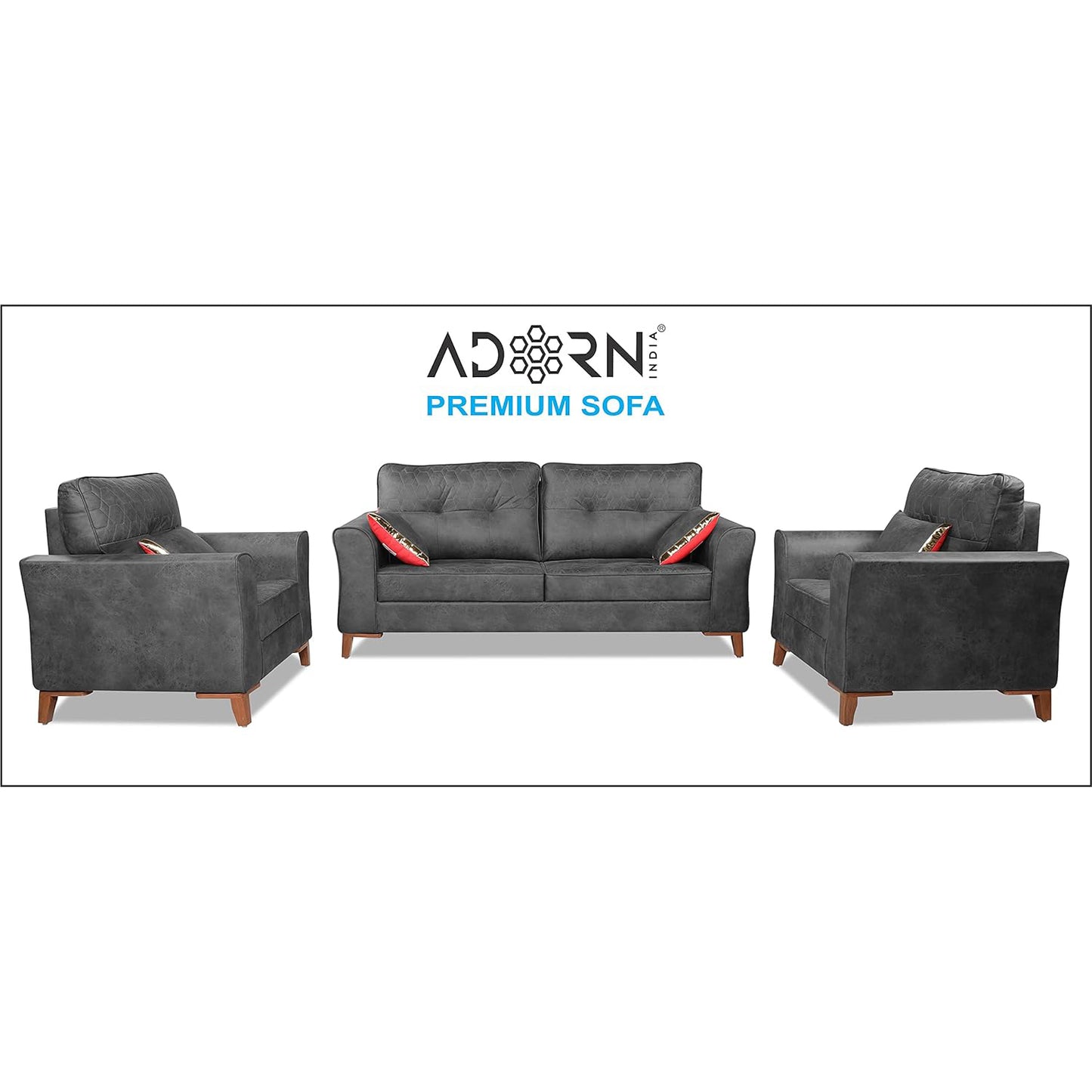 Adorn India Premium Aslaug 3-1-1 Sofa Set (Leatherette Suede Fabric Colour Grey)