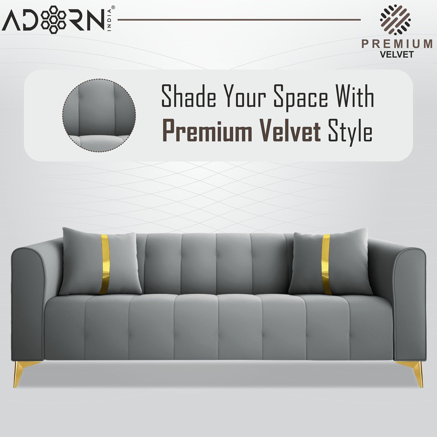 Adorn India Premium Mystic - 3 Years Warranty - 3 Seater Sofa Velvet Suede Fabric - Grey