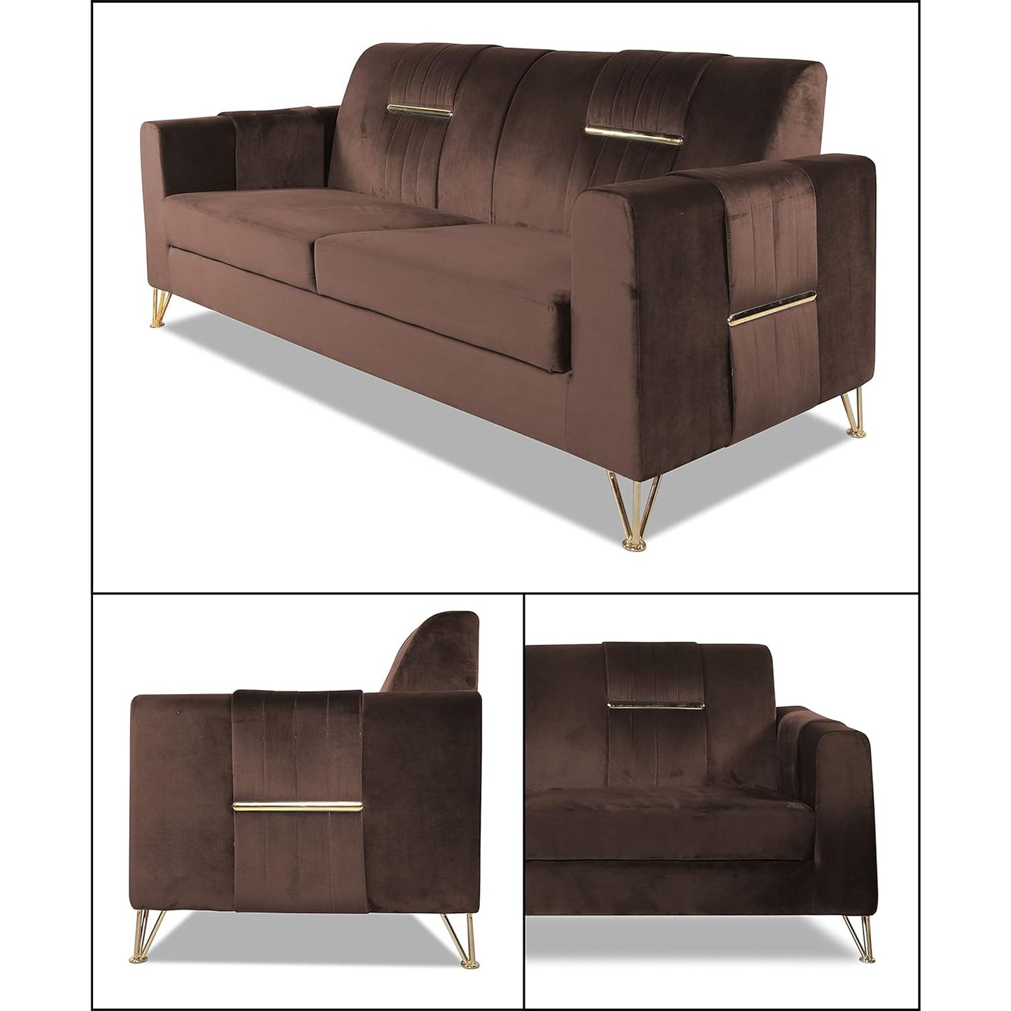 Adorn India Premium Benington 3 Seater Sofa (Velvet Fabric Colour Brown)