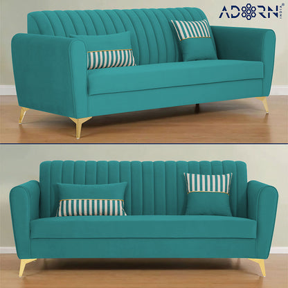Adorn India Premium Luster 3 Seater | Velvet Suede Fabric | 3-Year Warranty | Color Aqua Blue with Golden Legs & Striped Pattern Cushion
