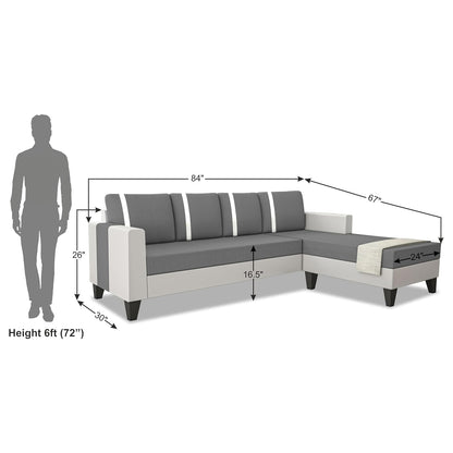 Adorn India Ashley Stripes Leatherette Fabric L Shape 5 Seater Sofa Set RHS (Grey & White) (3 Year Warranty)