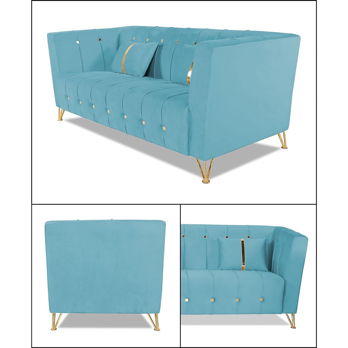 Adorn India Premium Lotus 3 Seater Sofa Set (Velvet Fabric Colour Aqua Blue)