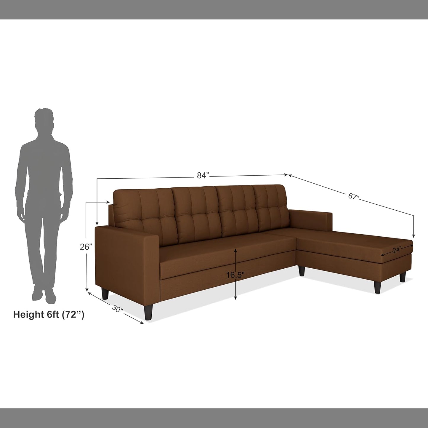 Adorn India Darcy L Shape 5 Seater Sofa Set (RHS) (Brown) (3 Year Warranty)