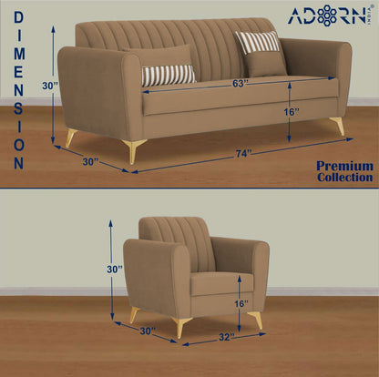 Adorn India Premium Luster 3-2-1 Sofa Set | Velvet Suede Fabric | 3-Year Warranty | Color Camel with Golden Legs & Striped Pattern Cushion